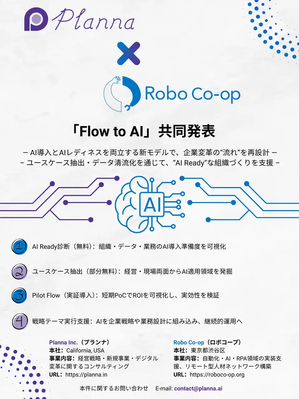 【一般社団法人 Robo Co-op】 Planna Inc. と Robo Co-op、「Flow to AI」共同発表 AI導入とAIレディネスを両立する新モデルで、企業変革の“流れ”を再設計