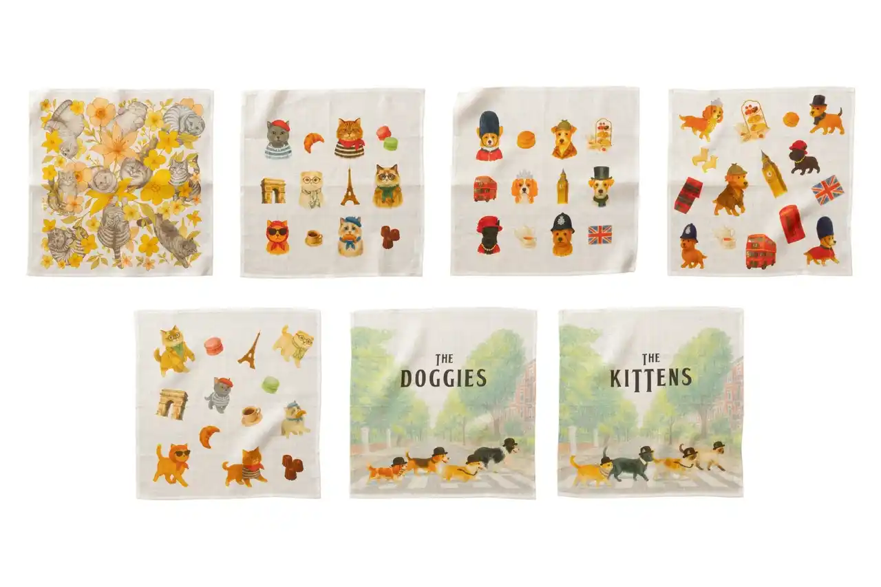 【株式会社H.I.T.】 【ロンドン＆パリ風犬猫】雑貨ブランド「Jubilee」からリネン素材ハンカチ新柄が7種類登場