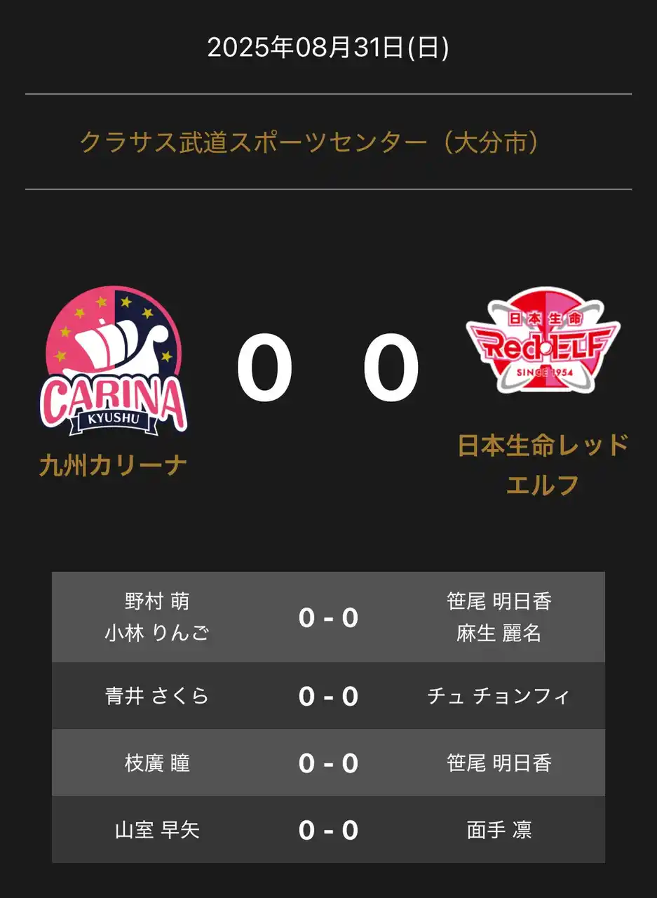 【卓球のＴリーグ】 ノジマＴリーグ 2025-2026シーズン 公式戦 8月31日開催 九州カリーナ vs 日本生命レッドエルフ 対戦オーダー発表