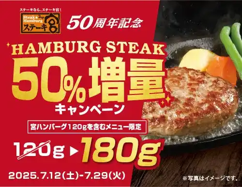 【ステーキ宮50周年記念キャンペーン】今だけ！人気No.1の宮ハンバーグが50％増量！