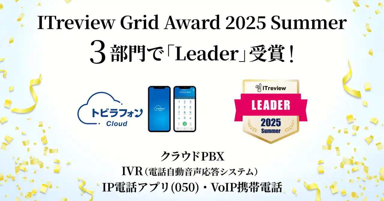 【トビラシステムズ】 トビラフォン Cloud、「ITreview Grid Award 2025 Summer」のクラウドPBX、IVR、IP電話アプリ(050)・VoIP携帯電話の3部門で「Leader」を受賞