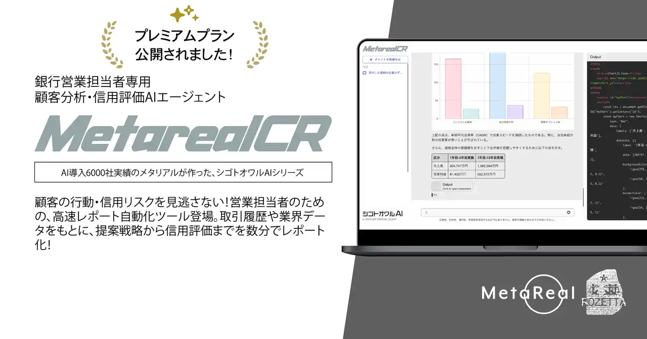 【株式会社メタリアル】 月額5万円で“即決”を生む。信用評価分析レポート作成AIエージェント「Metareal クレジット(Metareal CR)」プレミアムプラン7/24提供開始