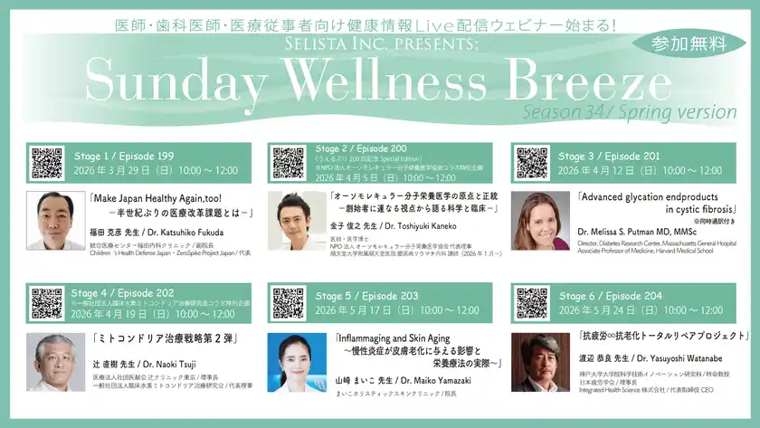 Selista Inc. Presents.『Sunday Wellness Breeze』Season 34 Spring version全6回Stage 2026年3月29日(日)～5月24日(日)の日曜日の朝に開催