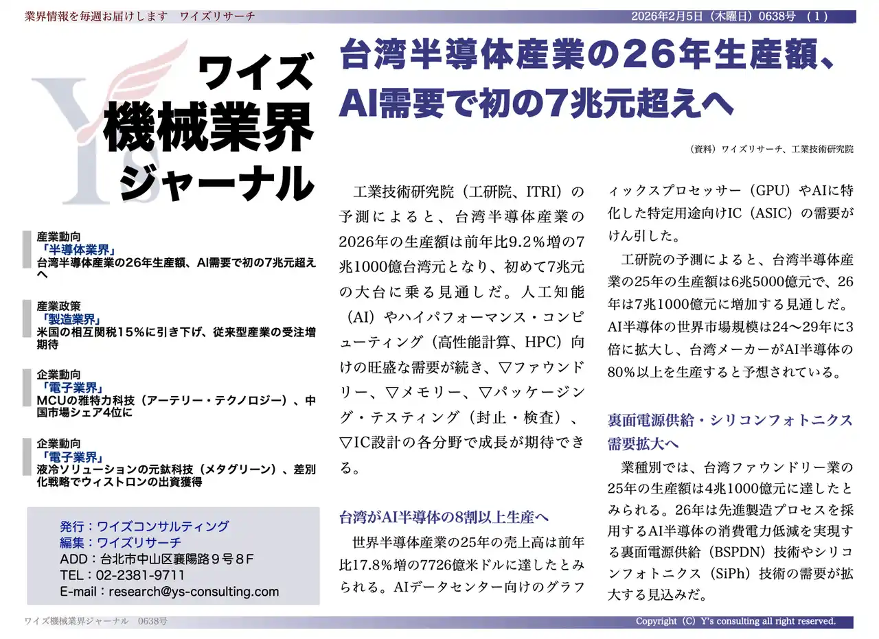 【台湾情報】台湾半導体産業の26年生産額、AI需要で初の7兆元超えへ＜ワイズ機械業界ジャーナル2026年2月第１週号発行＞