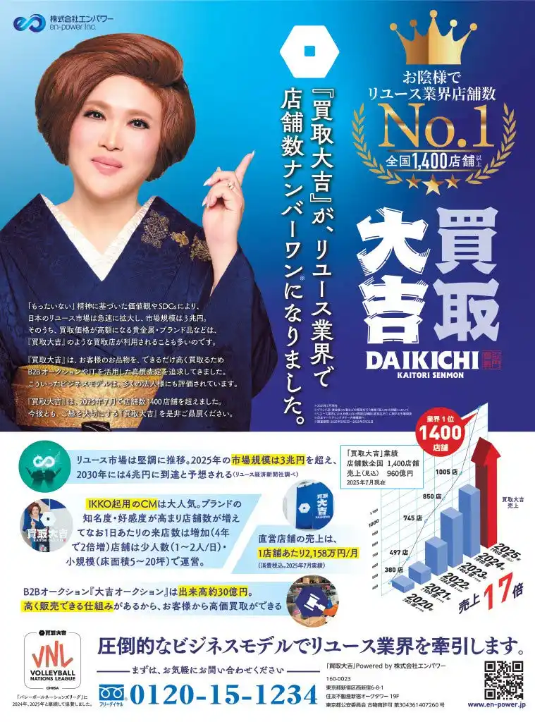 【株式会社エンパワー】 リユース業界 店舗数No.1を達成！全国1,400店舗を突破した『買取大吉』が、日経新聞に全面広告を掲載