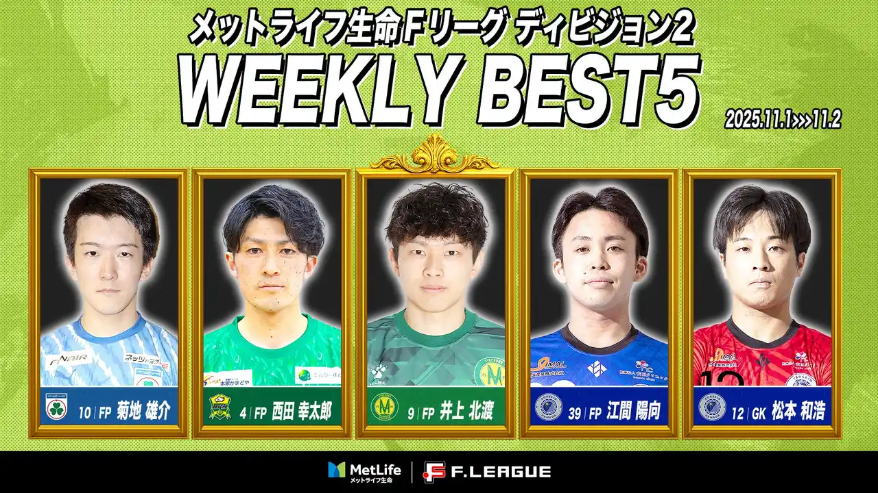 【一般社団法人日本フットサルトップリーグ】 井上北渡（白山）が週間MVPに！第13節｜2025年11月1日～11月2日 週間ベスト5【メットライフ生命Ｆリーグ2025-26 ディビジョン2】