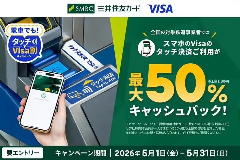 【三井住友カード株式会社】 2026年5月1日（金）より「【最大50%還元】電車でも！タッチでVisa割キャンペーン」を実施