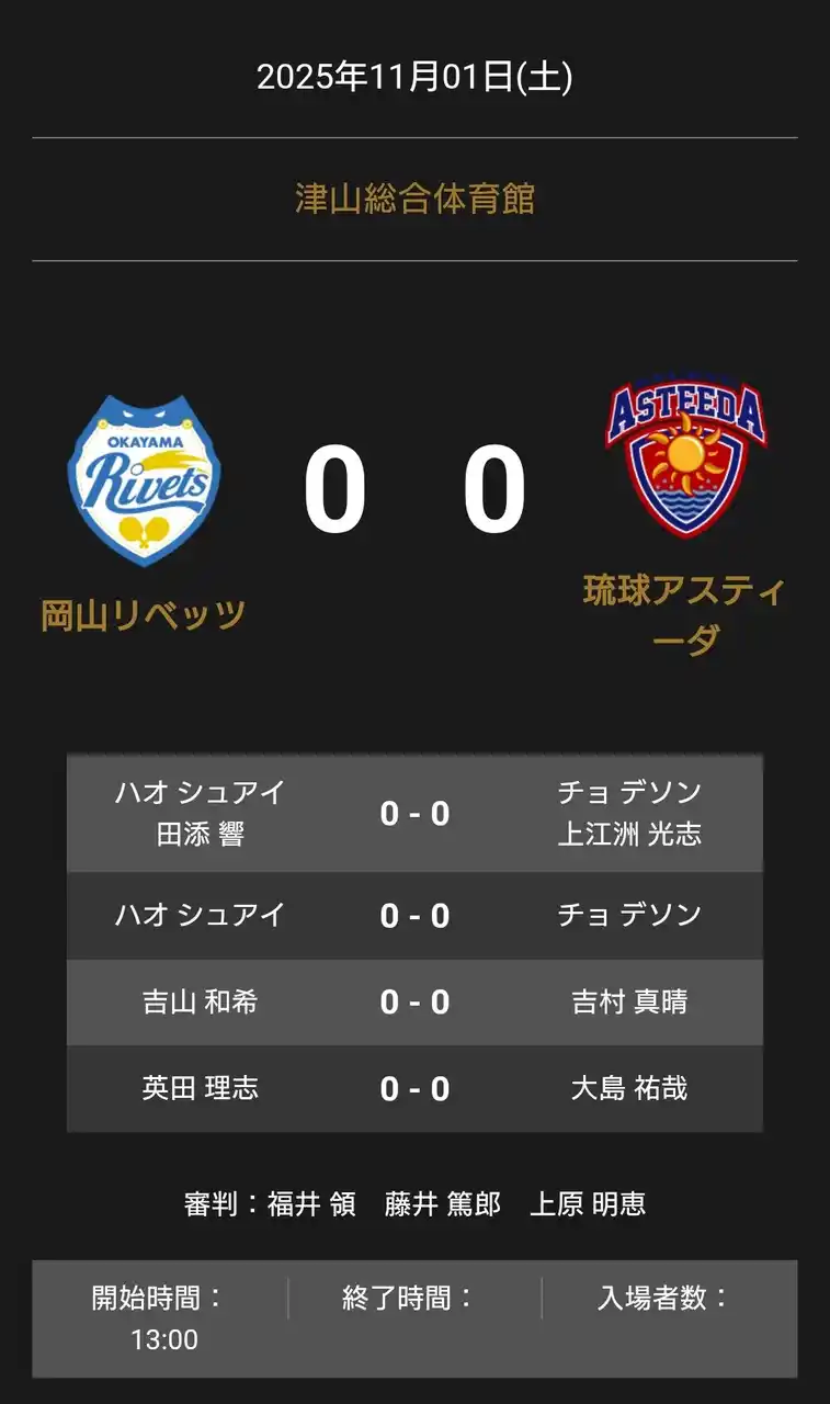 【卓球のTリーグ】 ノジマTリーグ 2025-2026 公式戦 11月1日開催 岡山リベッツ vs 琉球アスティーダ オーダー発表