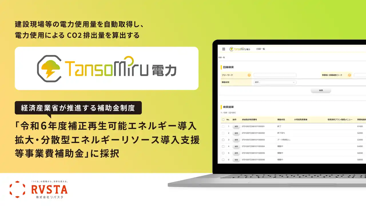 リバスタの「TansoMiru 電力」、経済産業省が推進する「令和６年度補正 再生可能エネルギー導入拡大・分散型エネルギーリソース導入支援等事業費補助金」に採択