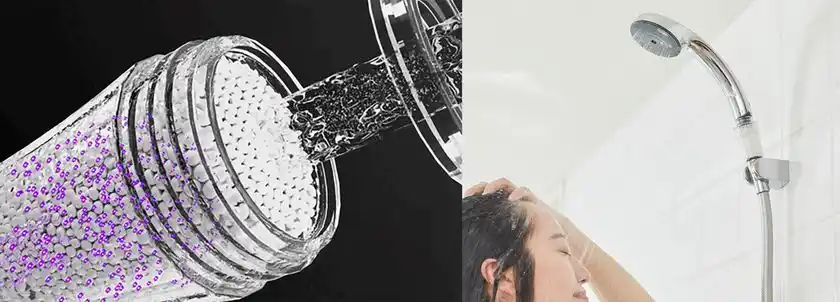 (左)ナノバブルと塩素除去を同時に叶える構造　(右)簡単装着できるアタッチメント