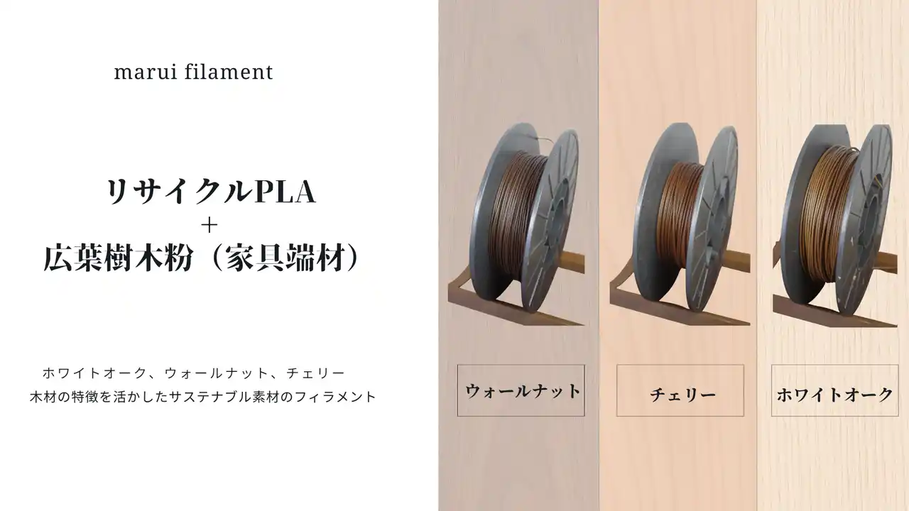 【株式会社井上企画】 家具の端材×リサイクル樹脂【リサイクル率95%】3Dプリンタウッドフィラメント「marui filament」テスト販売開始！