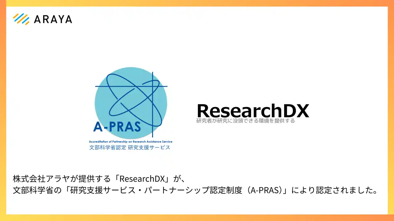 アラヤ、研究DX支援サービス「ResearchDX」が文部科学省「研究支援サービス・パートナーシップ認定制度（A-Pras）」に認定