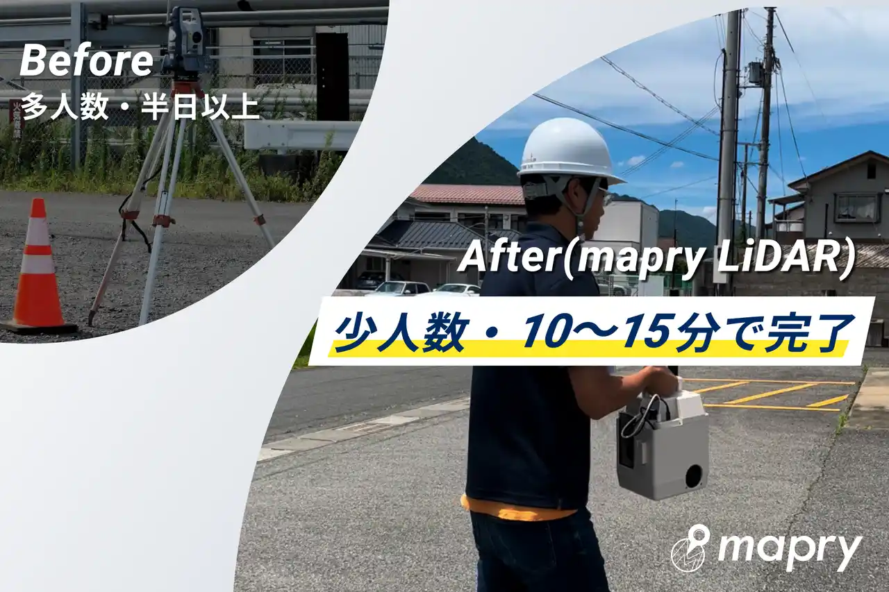 【株式会社マプリィ】 4000平方メートル 規模の測量も10～15分に。3Dヘルマート変換で補正も可能なLiDAR SLAM機器「LA01-2」「LA03-2」で測量作業を効率化