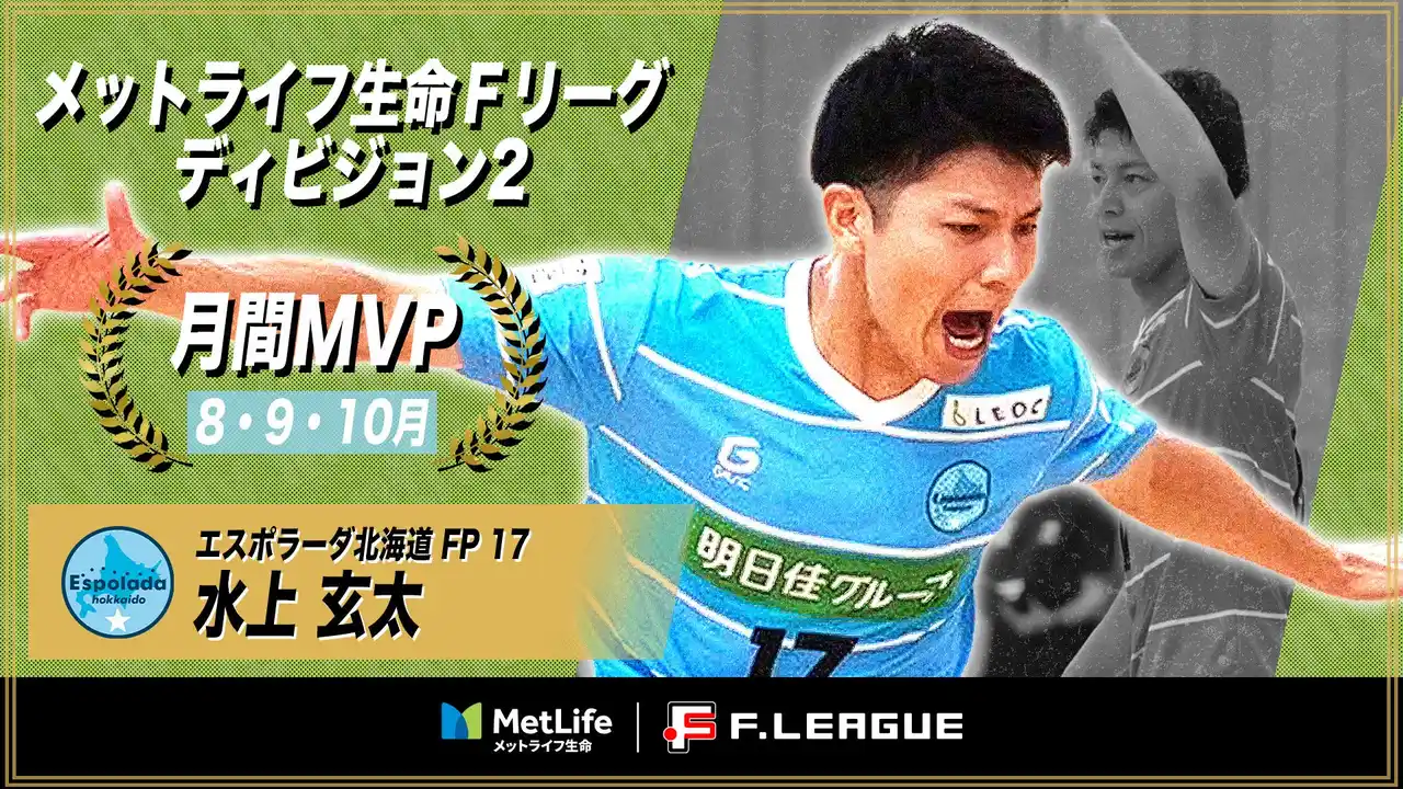 【一般社団法人日本フットサルトップリーグ】 水上玄太（北海道）が8・9・10月の月間MVPに！ 第8節～第14節｜2025年8月1日～2025年10月19日【メットライフ生命Ｆリーグ2025-26 ディビジョン2】