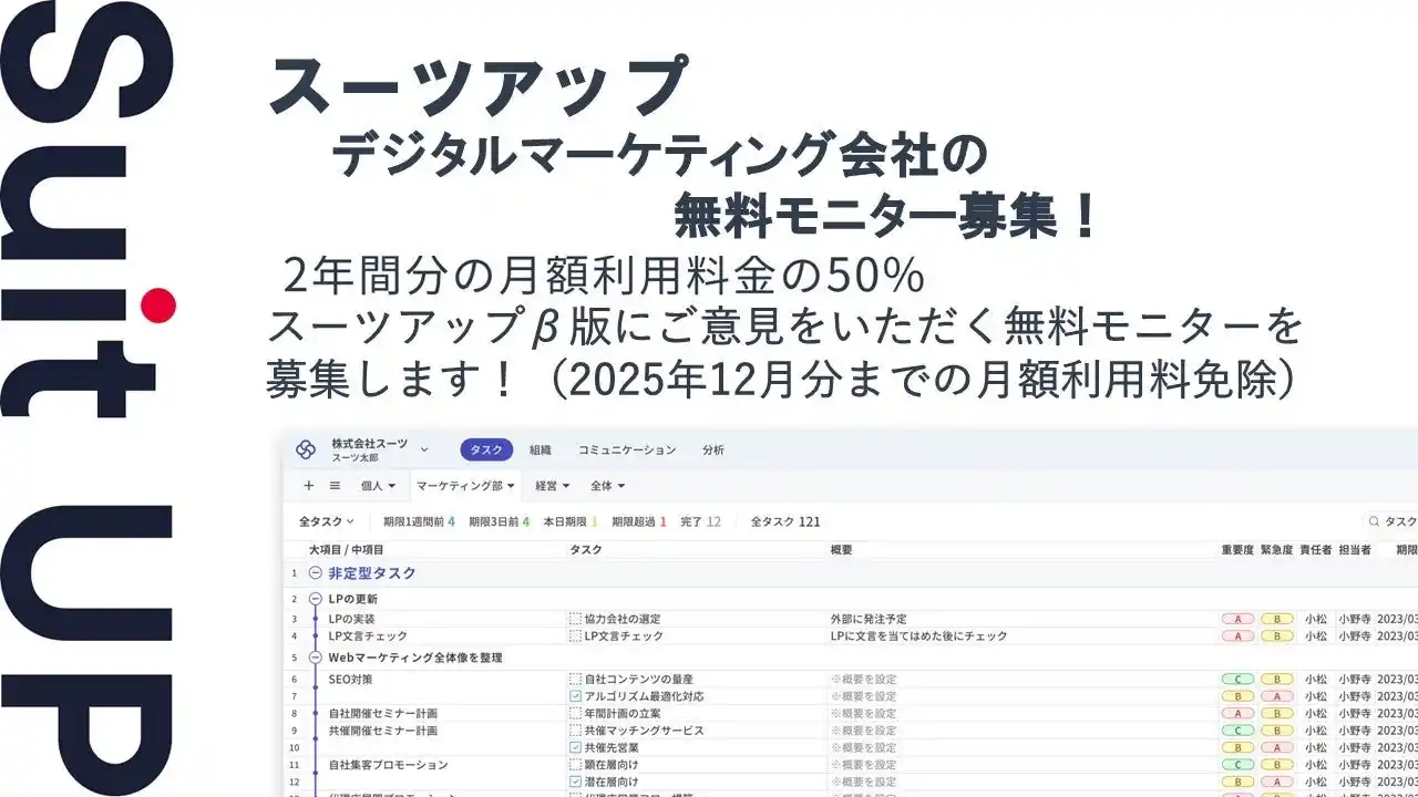 【スーツ】 チームのタスク管理・プロジェクト管理ツール「スーツアップ」、デジタルマーケティング会社の無料モニター募集
