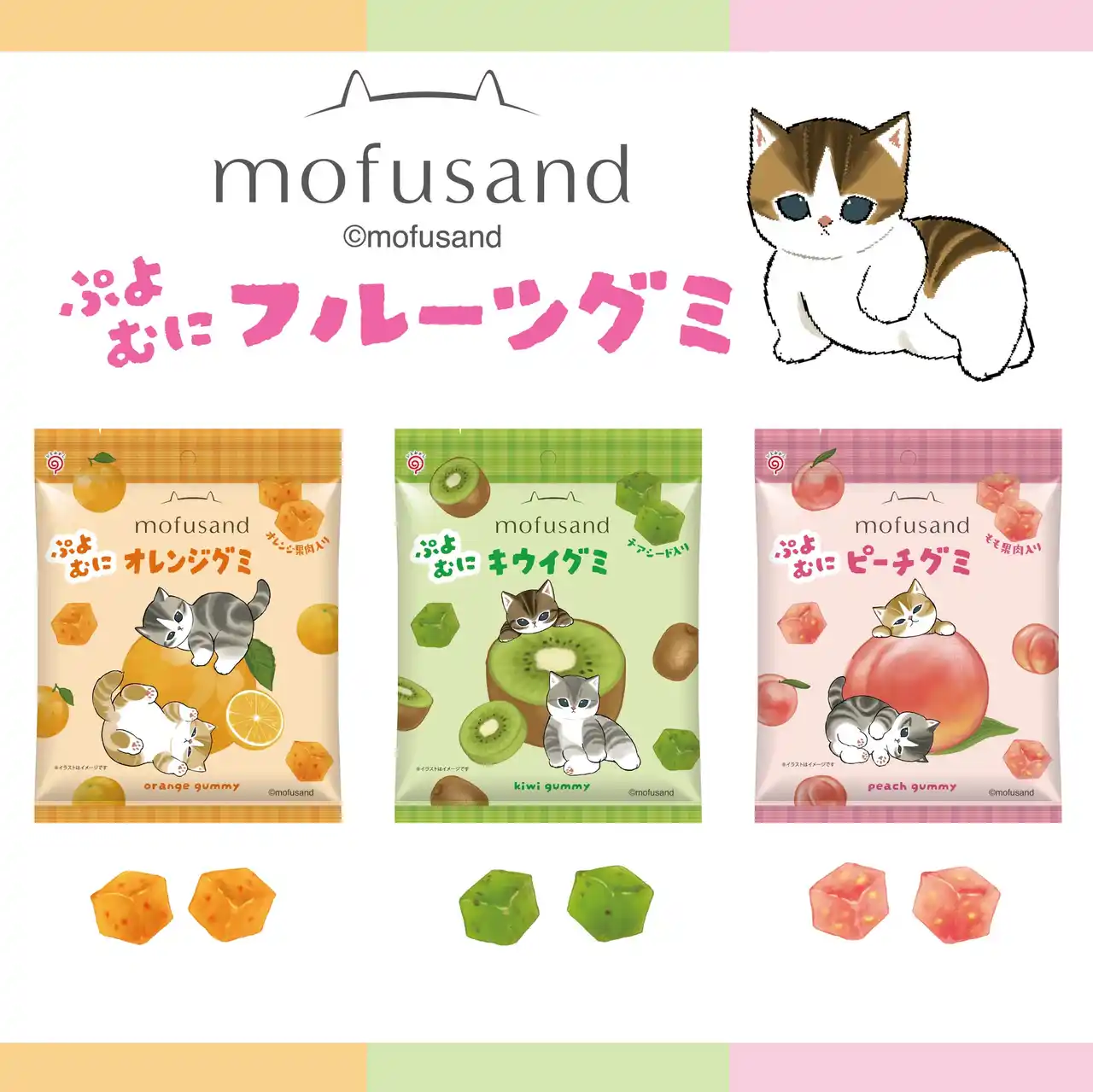 【栄光堂ホールディングス株式会社】 「mofusand」のにゃんこたちと楽しむ、ぷよむに食感の果肉入りフルーツグミ「mofusandぷよむにフルーツグミ」を発売いたします。