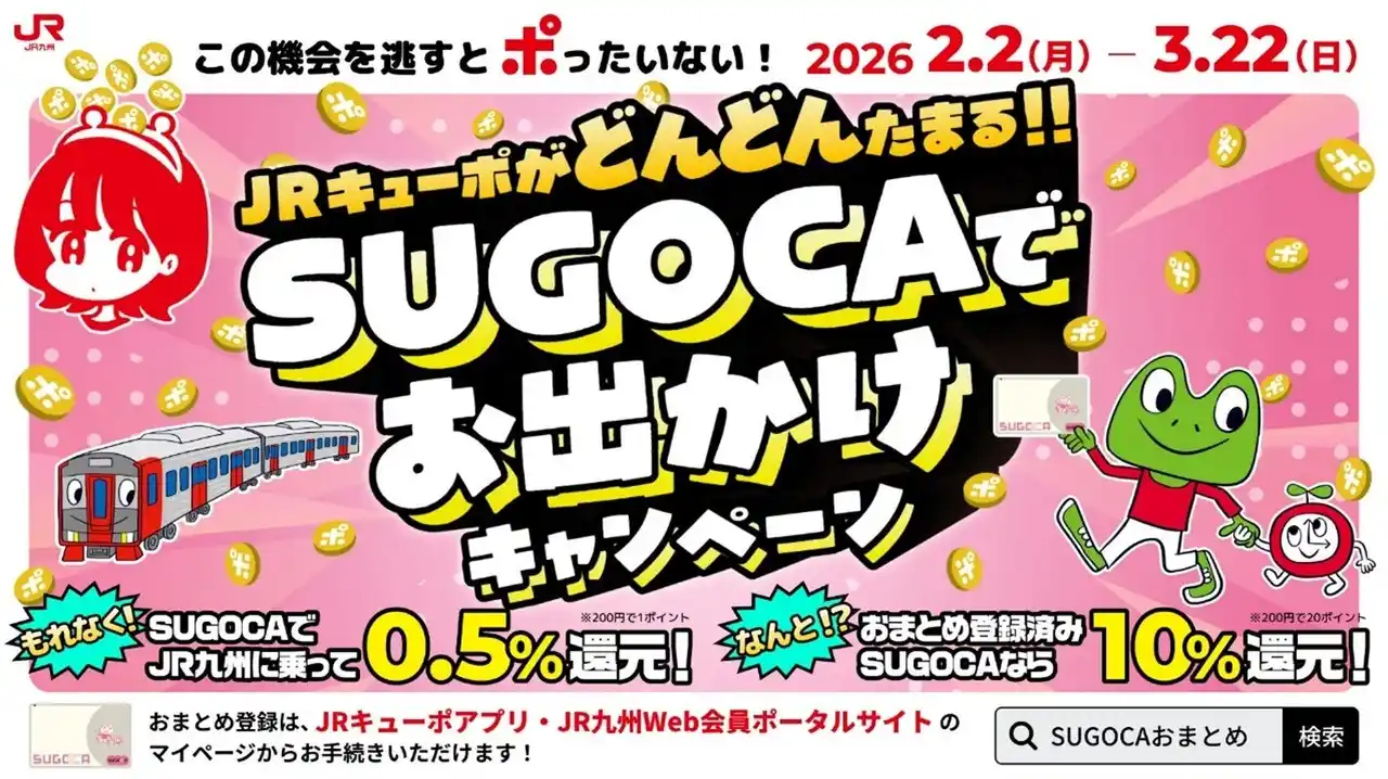 【九州旅客鉄道株式会社】 JRキューポがどんどんたまる！SUGOCAでお出かけキャンペーン