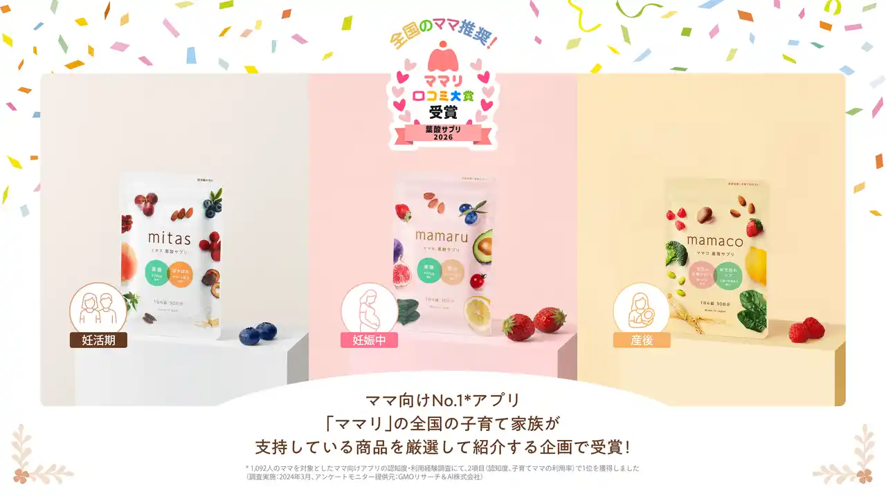 葉酸サプリ『mitas series(ミタスシリーズ)』がママリ口コミ大賞2026「葉酸サプリ部門」に選ばれました。葉酸サプリではシリーズブランドとして初となる受賞。