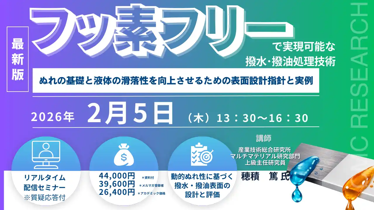 【CMCリサーチ】 【ライブ配信/ZOOM】「フッ素フリーで実現可能な撥水・撥油処理技術　～ぬれの基礎と液体の滑落性を向上させるための表面設計指針と実例～」セミナー開催！2月5日（木）主催：(株)シーエムシー・リサーチ