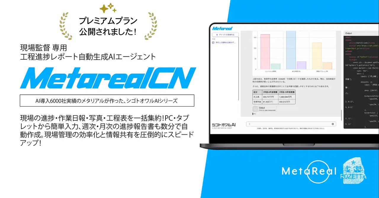 【株式会社メタリアル】 建設現場DXを加速する。「Metareal CN」プレミアムプラン7月7日始動月200回のAI報告で時間を解放