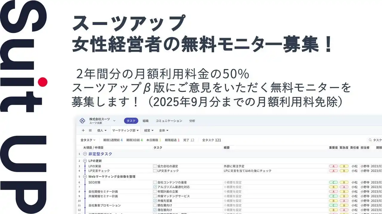【スーツ】 チームのタスク管理・プロジェクト管理ツール「スーツアップ」、女性経営者の無料モニター募集