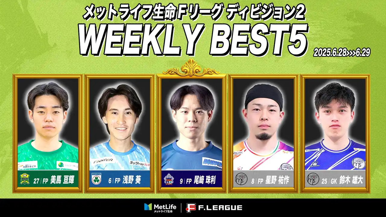 【一般社団法人日本フットサルトップリーグ】 尾崎珠利（アグレミーナ浜松）が週間MVPに！第3節｜2025年6月28日～6月29日 週間ベスト5【メットライフ生命Ｆリーグ2025-26 ディビジョン2】