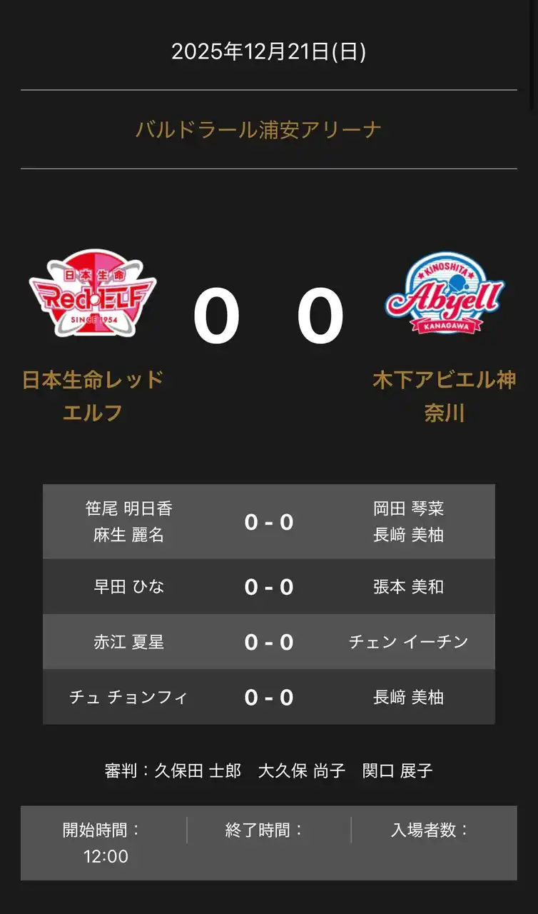 【卓球のＴリーグ】 ノジマＴリーグ 2025-2026シーズン 公式戦 12月21日開催 日本生命レッドエルフ vs 木下アビエル神奈川 対戦オーダー発表