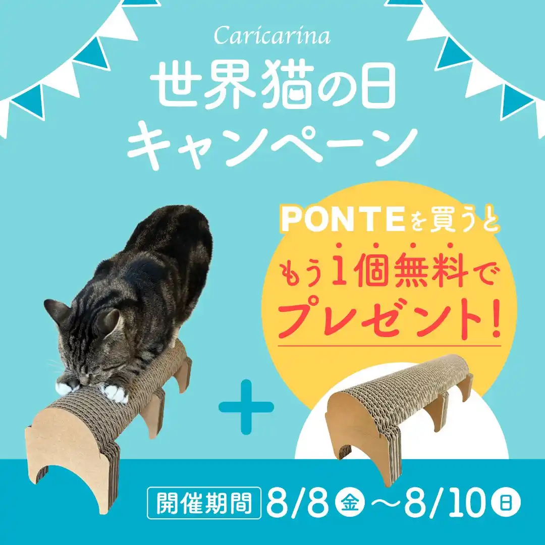 超強化段ボール製で研ぎカスが出にくい！猫も大満足の爪とぎ「PONTE」がもう1個もらえる！　～カリカリーナ 世界猫の日キャンペーン開催～