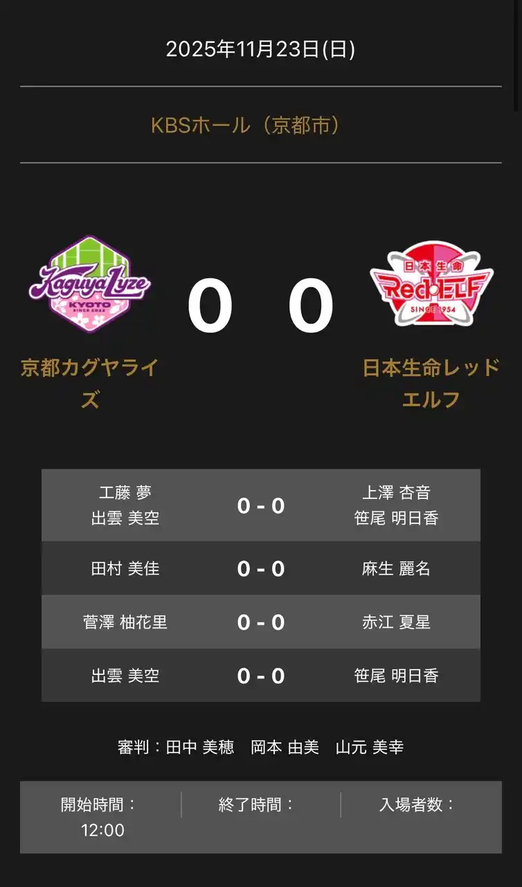 【卓球のＴリーグ】 ノジマＴリーグ 2025-2026シーズン 公式戦 11月23日開催 京都カグヤライズ vs 日本生命レッドエルフ 対戦オーダー発表