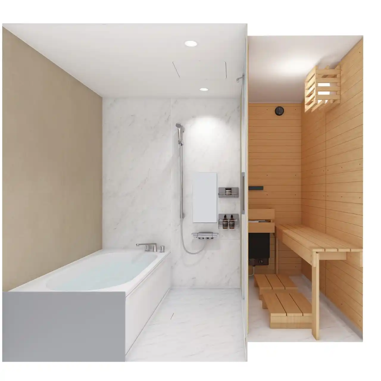 【株式会社 ヤマダホールディングス】 業界初※のシステムバスルーム工法のプライベートサウナ「Lilla Sauna(リラサウナ)」 にサウナ＆システムバスルームが新登場！サウナとつながるバスルームでもっと豊かなサウナ体験を。