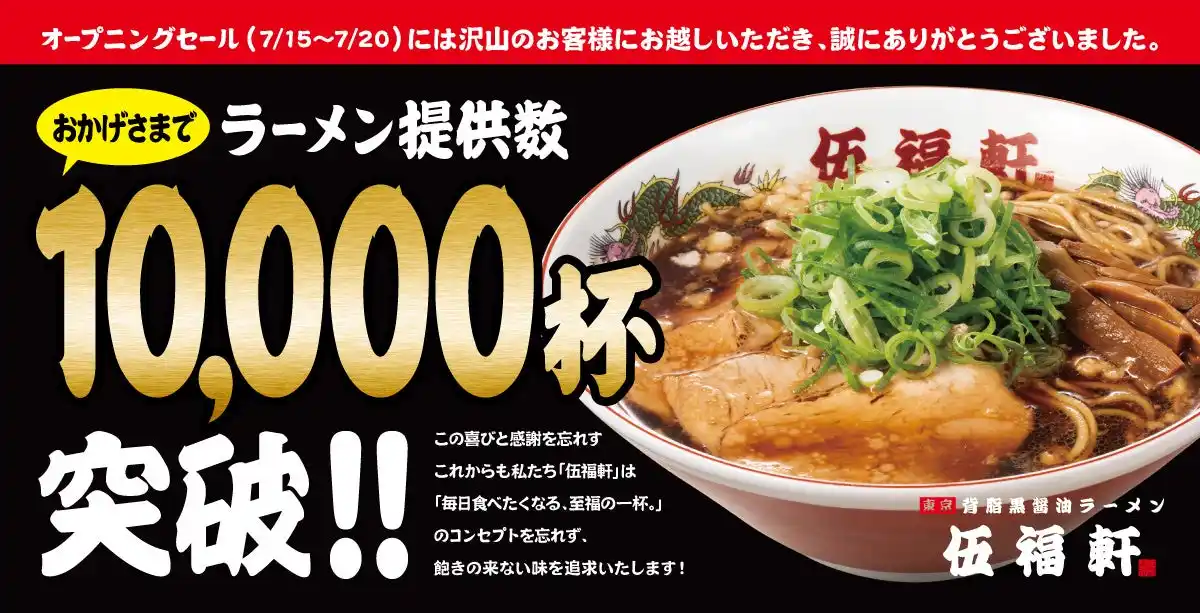 ≪累計10,000杯突破≫ 背脂黒醤油ラーメン『伍福軒』、オープン5日間でラーメン販売数10,000杯を達成！オープニングセールは盛況のうちに終了