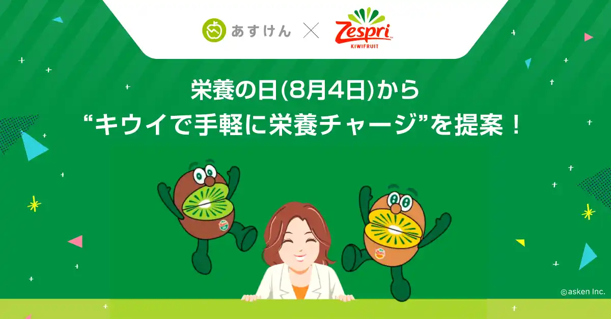 あすけん×ゼスプリ、栄養の日(8月4日)から”キウイで手軽に栄養チャージ”を提案！～【調査結果】お弁当にフルーツを加えるだけで“健康スコア”が22%アップ～