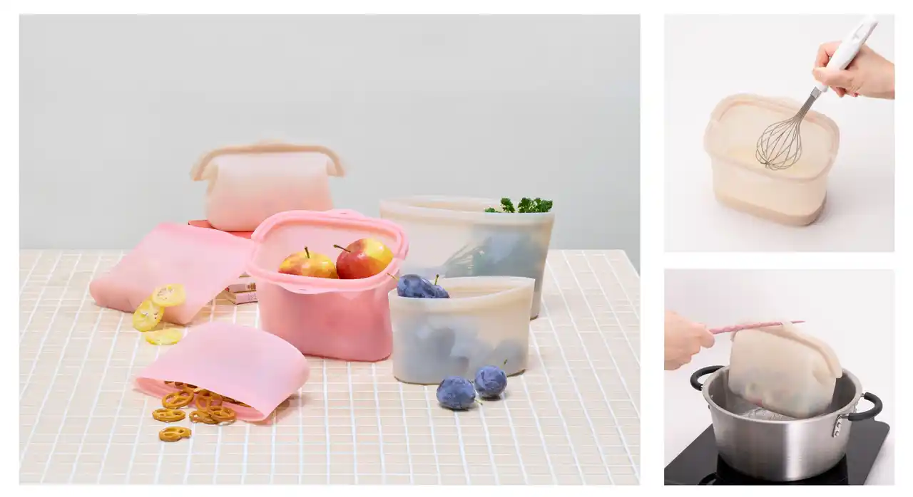 【貝印株式会社】 【電子レンジ・オーブン・湯煎・冷蔵・冷凍も全部OK！】下ごしらえ、加熱調理、保存までできる万能シリコーンバッグにしっかり口がひらくタイプが新登場！