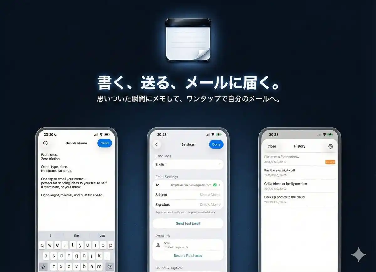 Captio式・即メール送信アプリ『シンプルメモ（iOS版）』を正式リリース、毎日のToDoに追われるビジネスパーソンへ