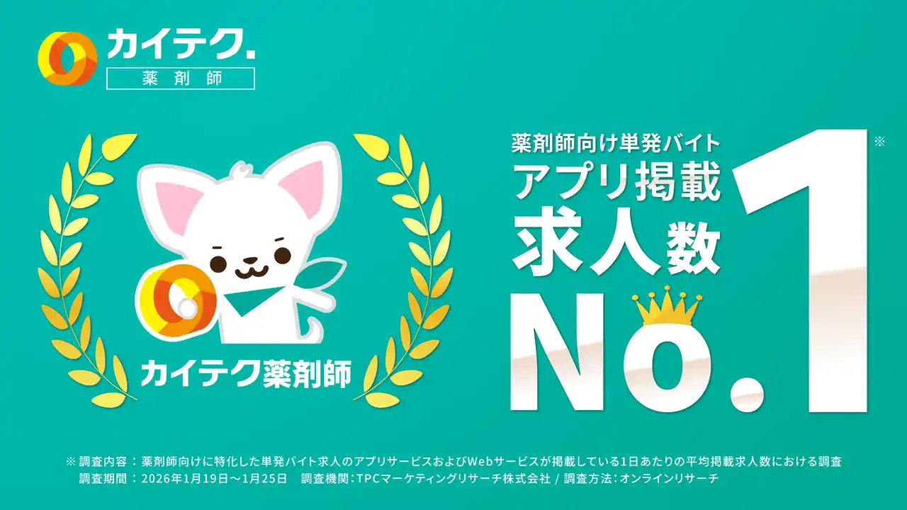 【カイテク株式会社】 薬剤師向けスポットワーク「カイテク薬剤師」、求人掲載数No.1を獲得