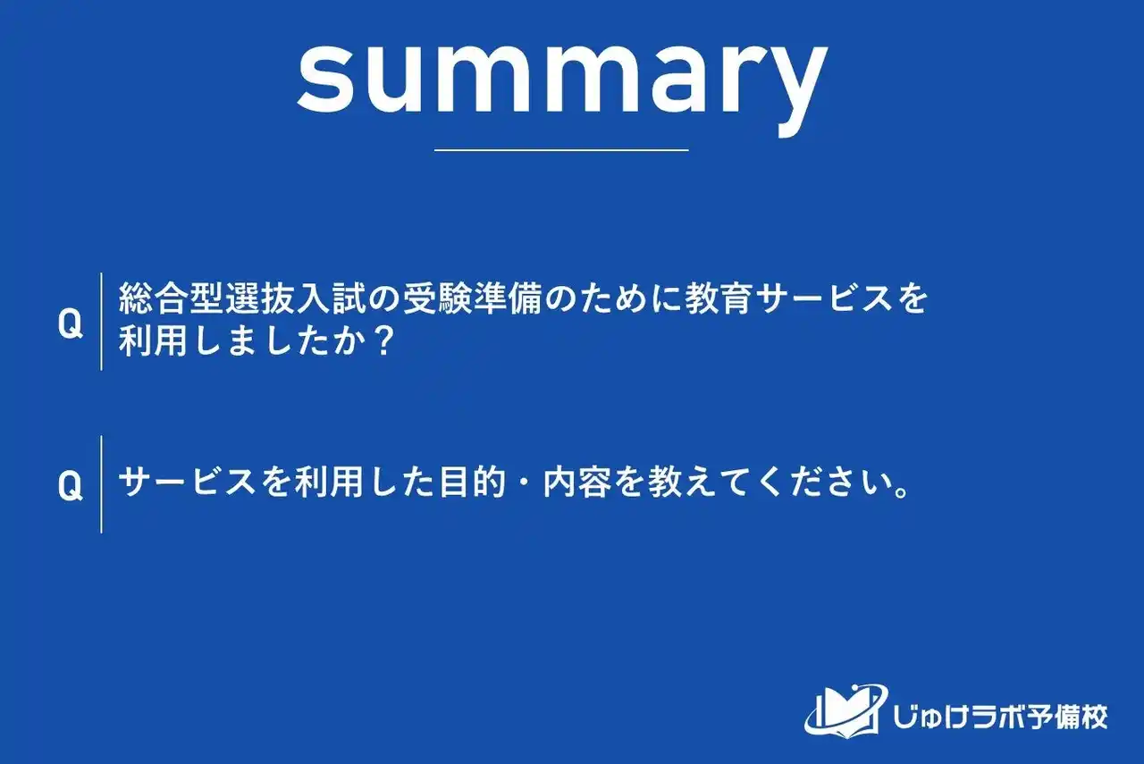 【じゅけラボ予備校】 【調査レポート】総合型選抜、教育サービスの利用は少数派。「活動実績なし」は専門塾、「実績あり」は一般塾と専門塾を使い分ける戦略的な姿勢。