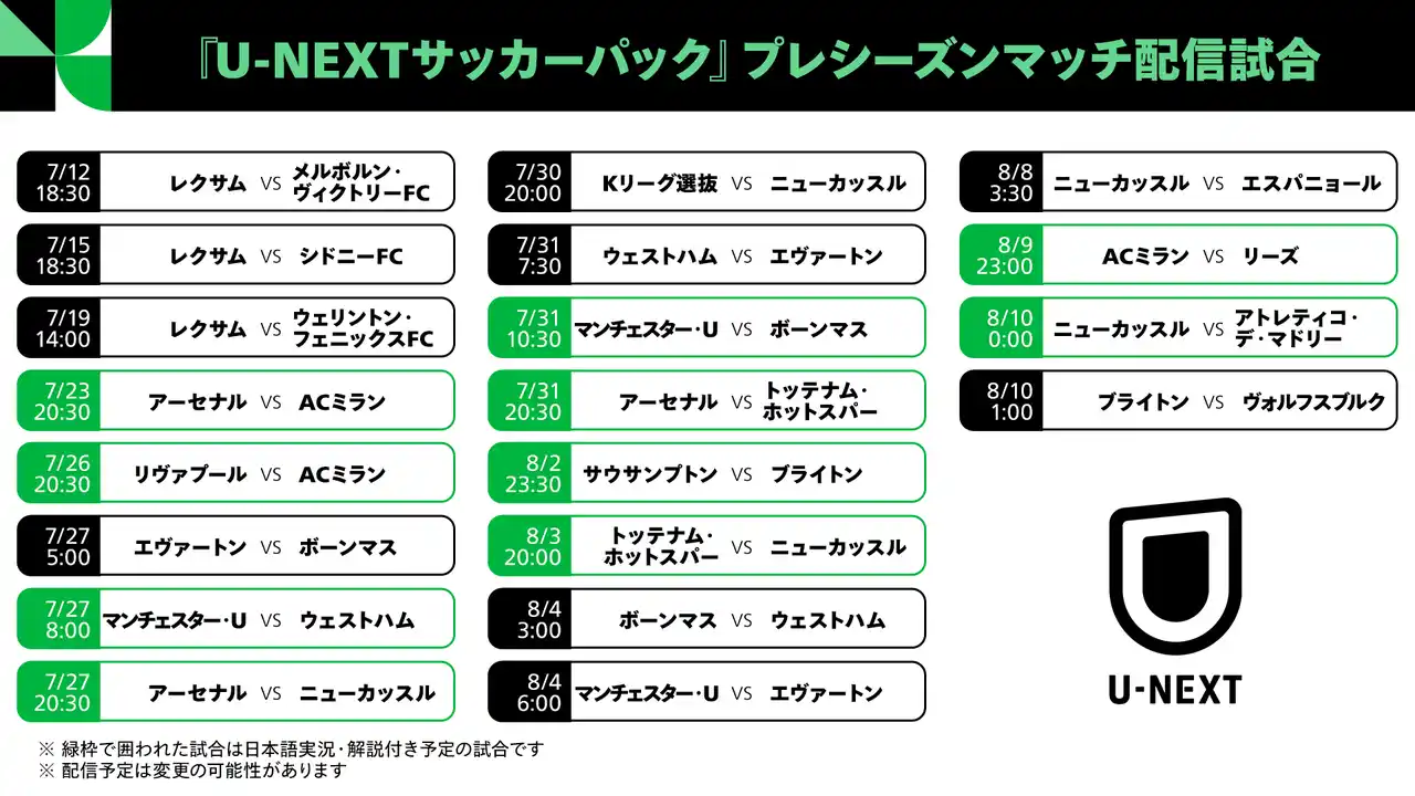 U-NEXT、欧州サッカーのプレシーズンマッチを一挙ライブ配信。7月12日から計20試合をサッカーパックで