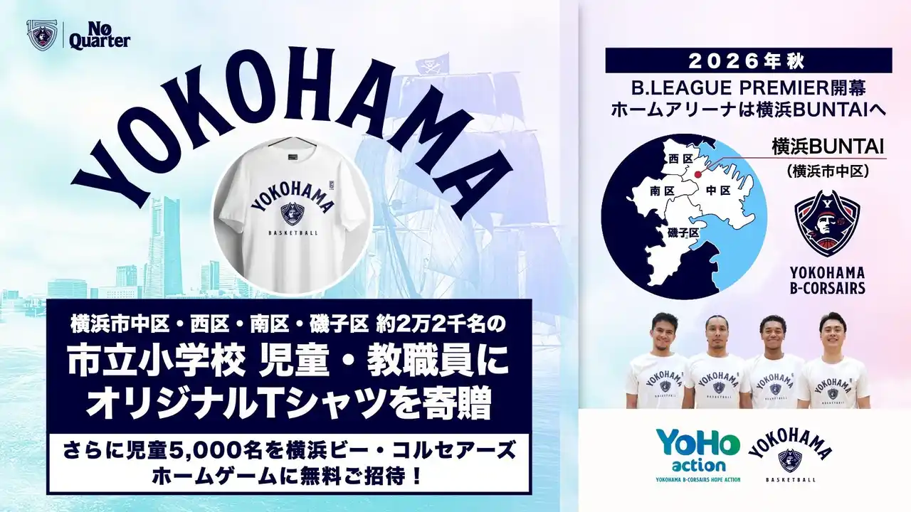 【株式会社横浜ビー・コルセアーズ】 横浜市 中区・西区・南区・磯子区の市立小学校 約22,000名の児童・教職員へ「オリジナルTシャツ」を寄贈！