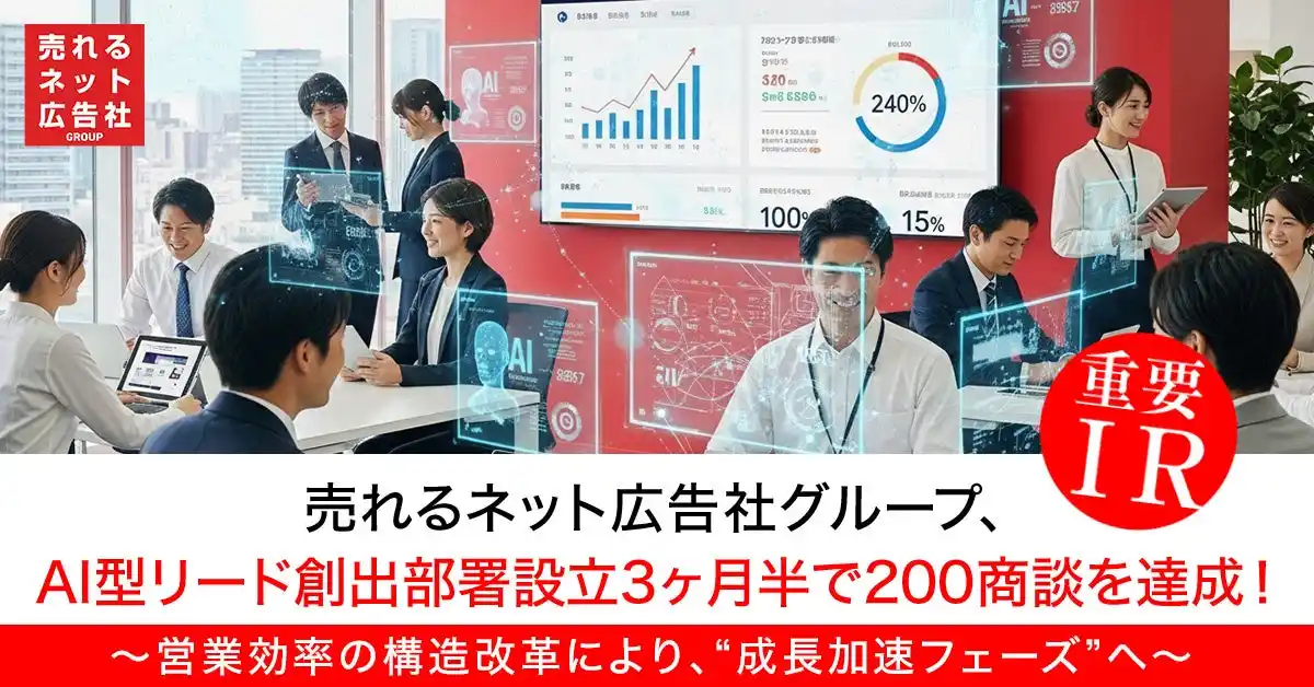 【売れるネット広告社グループ株式会社】 売れるネット広告社グループ、AI型リード創出部署設立3ヶ月半で200商談を達成！～営業効率の構造改革により、“成長加速フェーズ”へ～