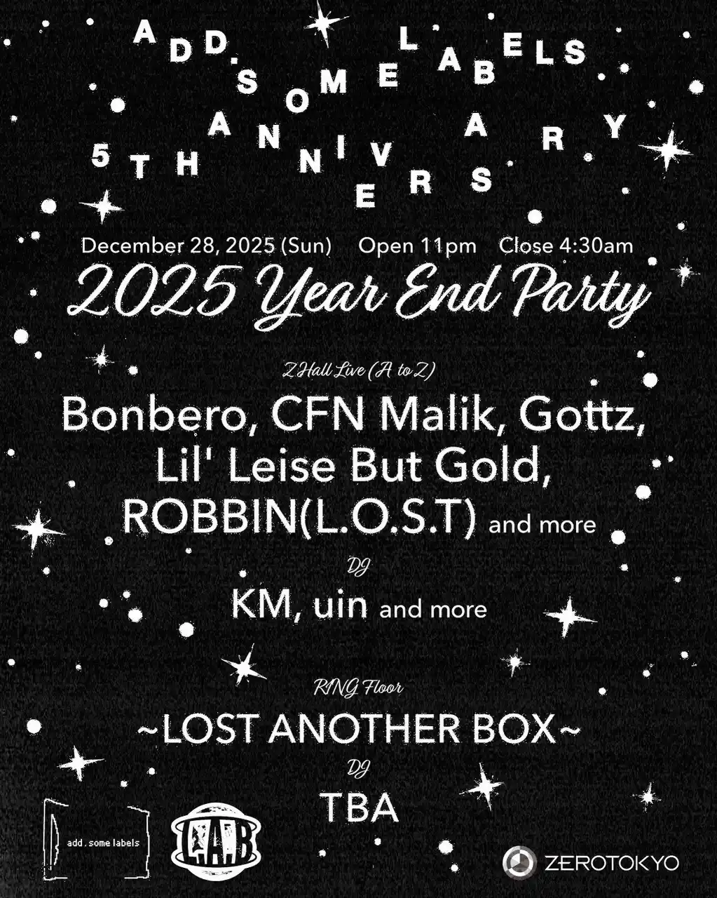 【株式会社TSTエンタテイメント】 (sic)boyやuinが所属するレーベルadd. some labelsの5周年を記念したパーティーが12月28日(日)にZEROTOKYOにて開催決定！