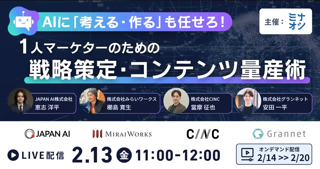 【株式会社じげん】 じげんが運営する、BtoBサービス比較メディア『ミナオシ』が、1人マーケターのための戦略策定・コンテンツ量産術をテーマに無料オンラインセミナーを開催