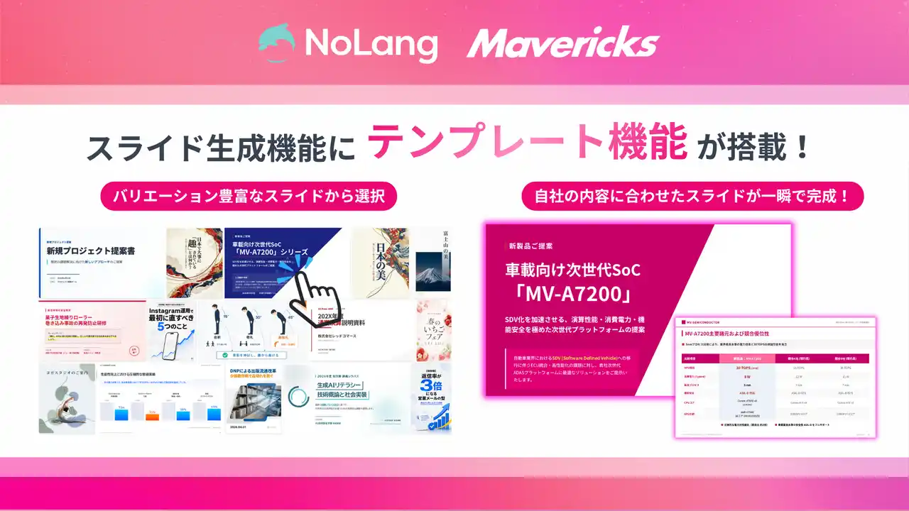 【Mavericks Inc.】 株式会社Mavericksは、動画生成AI「NoLang」のスライド生成機能を近日アップデート！テンプレートスライドを選択することで、質の高いスライドが誰でも簡単に作成可能に