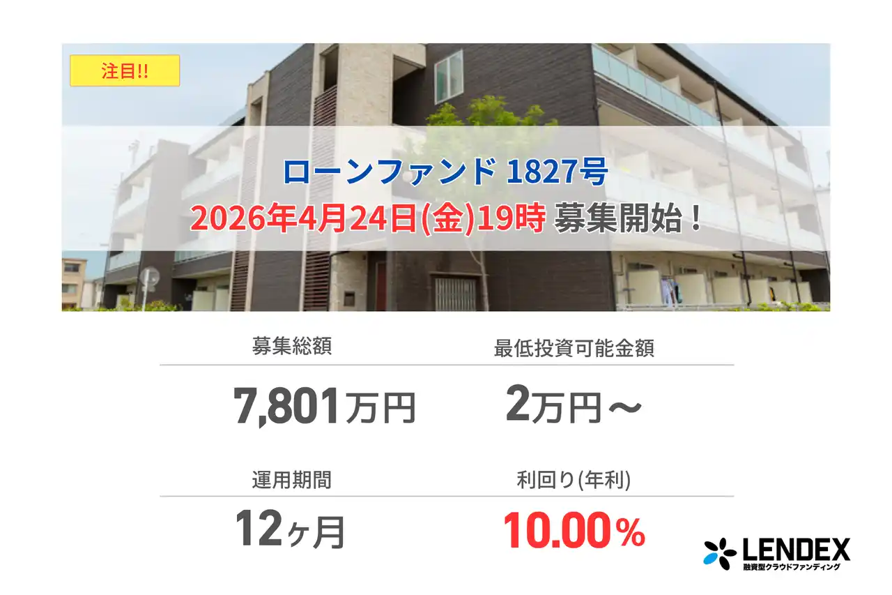 【LENDEX】年利10%のローンファンド 1827号、募集開始のお知らせ