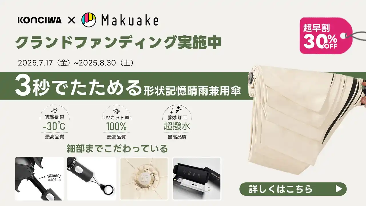 【KONCIWA】 KONCIWA「3秒でたためる形状記憶自動開閉傘」Makuakeにて先行販売もうすぐ開始！