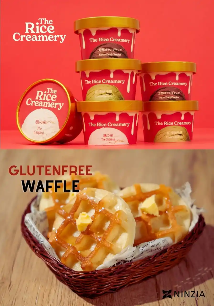 【NINZIA】 NINZIAの蒟蒻食物繊維を使用した「グルテンフリーワッフル」がお米の植物性アイスクリーム「The Rice Creamery」とコラボ。～50セット限定で販売開始～