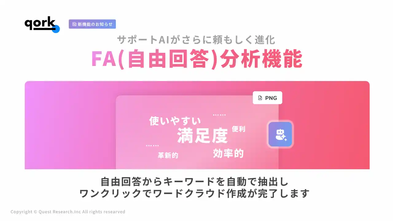 【株式会社Quest Research】 「qork」、AIチャットでFA（自由回答）分析が可能に - ワードクラウド機能で、膨大な“顧客の声”から定量調査レベルの「隠れたニーズ」を見つけ出す