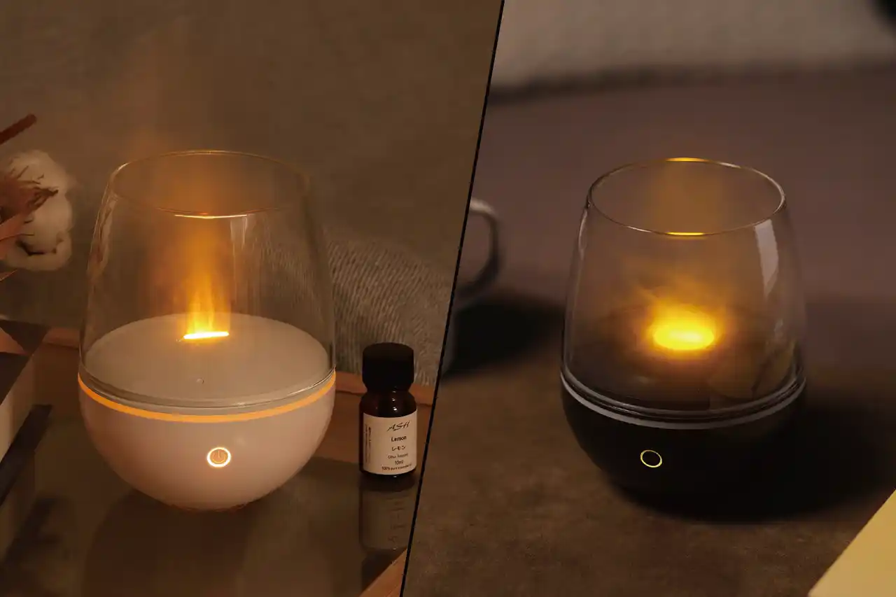 【エレス株式会社】 1台で2つの癒し体験。炎のゆらぎと霧の漂いが生む２種類の演出で、ムードに合わせて表情を変える「Aromist Glass（アロミスト グラス）」新発売