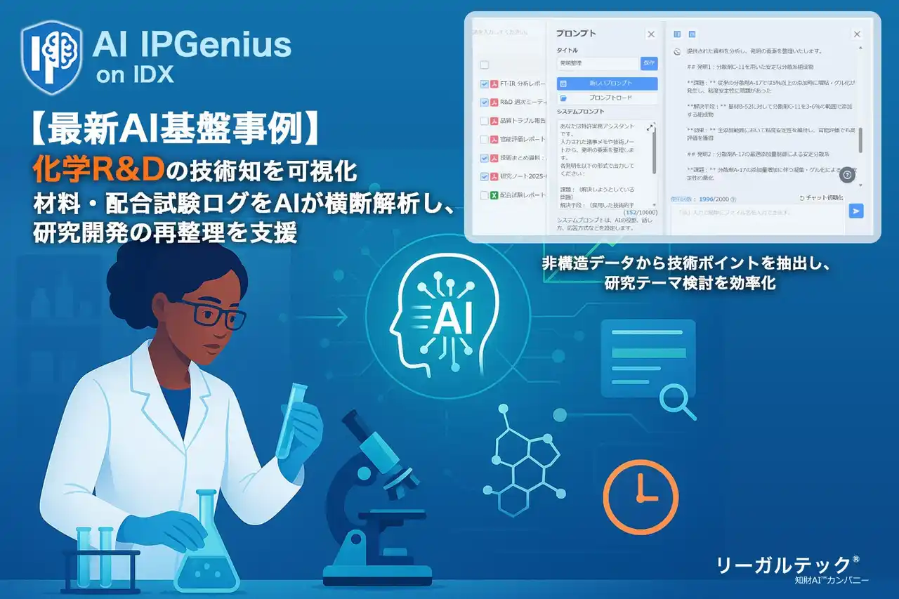 【リーガルテック株式会社】 化学R&Dの技術知を可視化：材料・配合試験ログをAIが横断解析し、研究開発の再整理を支援