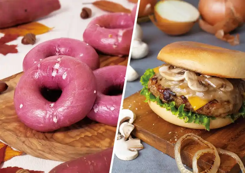 【株式会社JFLAホールディングス】 BAGEL & BAGEL から新商品が登場！ 一足早い秋の訪れ、「紫いもとホワイトチョコレート」ベーグルと、旨みたっぷりの淡路島産玉ねぎを使ったベーグルバーガーを期間限定で販売します！