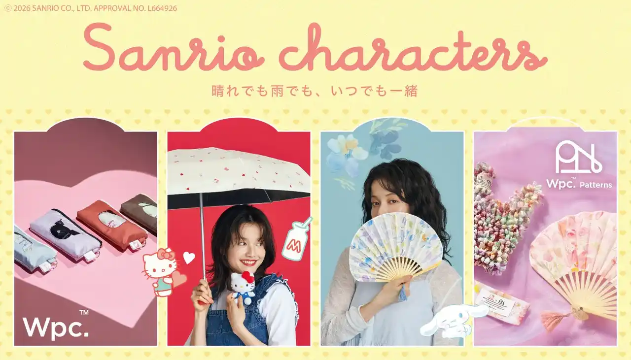サンリオキャラクターズ×Wpc.／Wpc. Patternsのコラボレーション ハローキティやシナモロールたちがキュートな表情で魅了！気分を上げる折りたたみ日傘&扇子・しぼりバッグが新登場